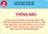 Thông báo Danh sách thí sinh tham dự phần thi Thuyết trình, báo cáo chuyên đề cụ thể Cuộc thi Báo cáo viên pháp luật, tuyên truyền viên pháp luật giỏi năm 2024 trên địa bàn tỉnh