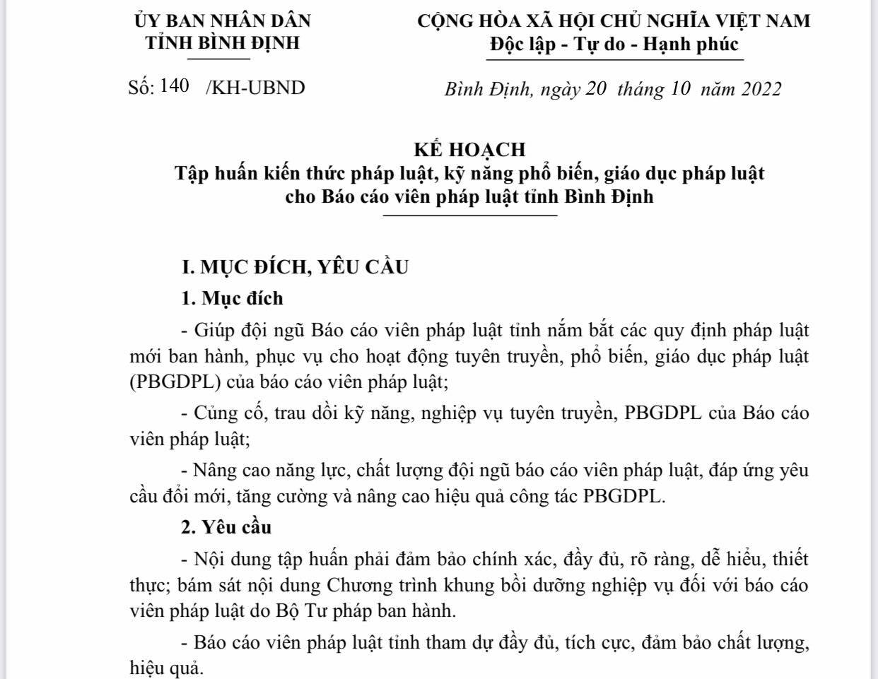 Ban hành Kế hoạch tập huấn kiến thức pháp luật, kỹ năng phổ biến, giáo dục pháp luật cho Báo cáo viên pháp luật