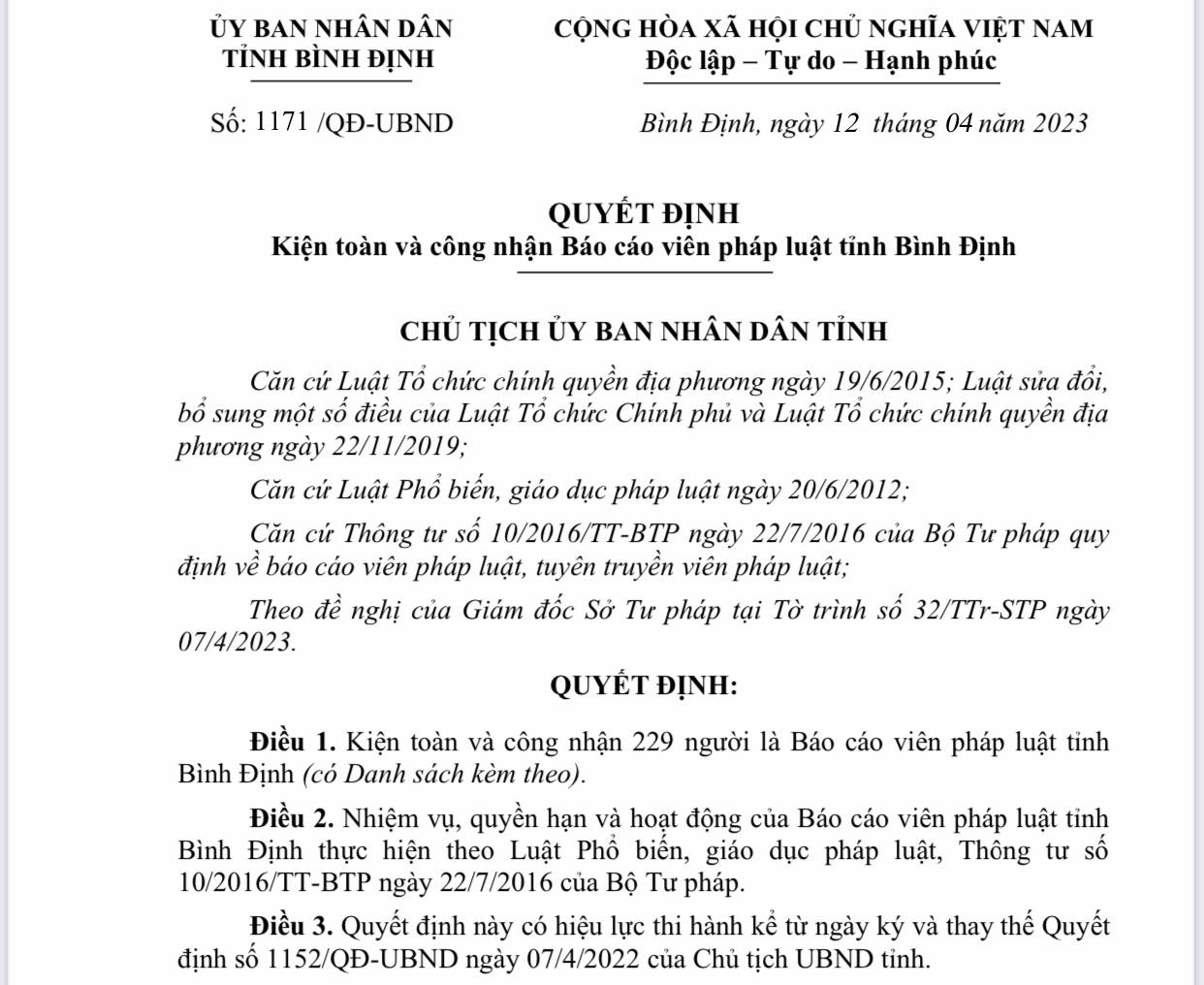 Kiện toàn và công nhận 229 Báo cáo viên pháp luật tỉnh Bình Định