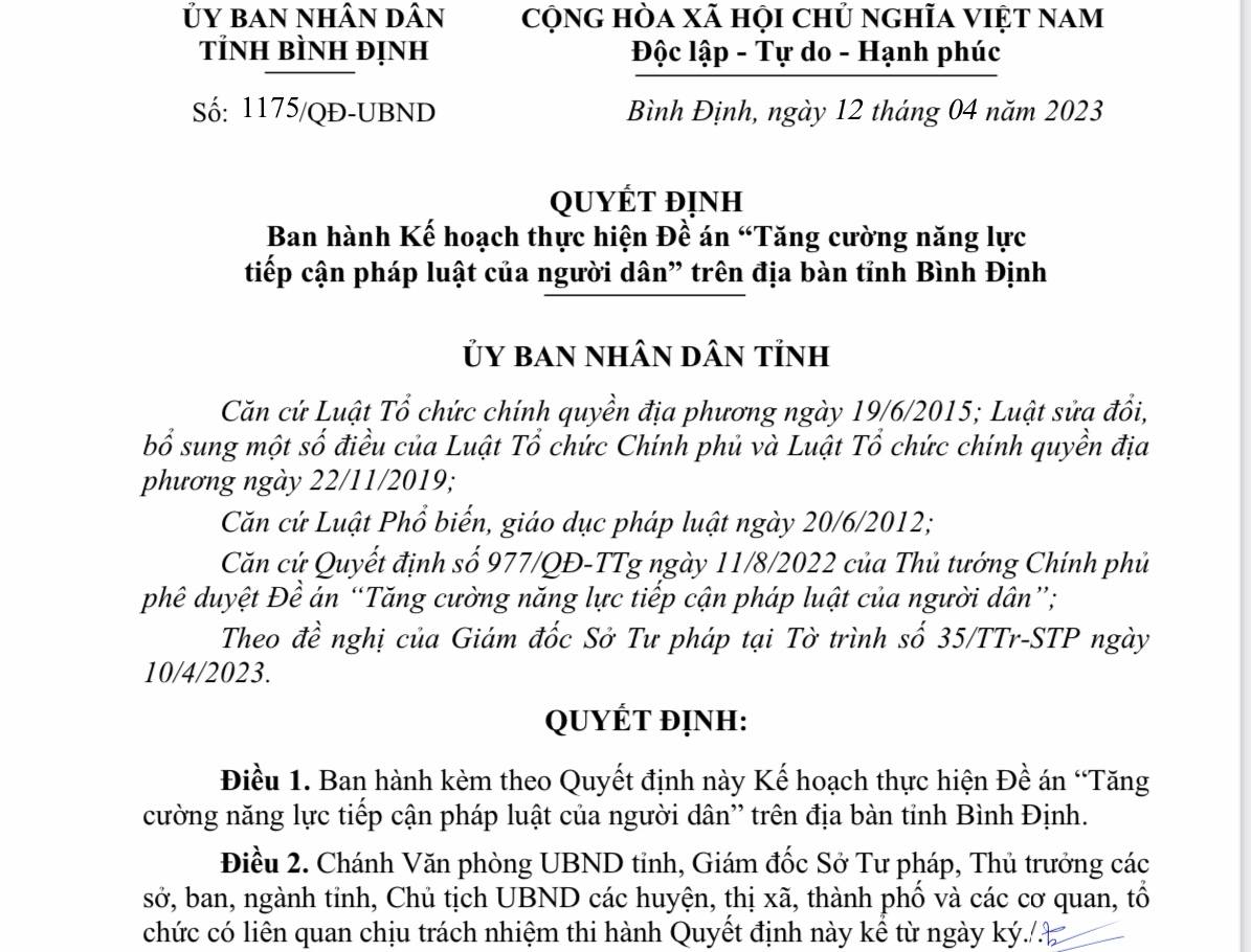 Triển khai Đề án “Tăng cường năng lực tiếp cận pháp luật của người dân” trên địa bàn tỉnh Bình Định