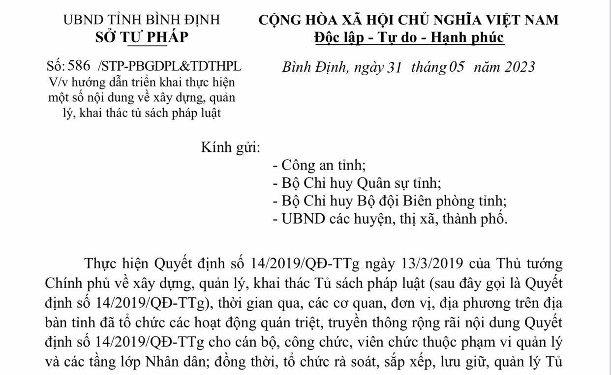 Hướng dẫn triển khai thực hiện một số nội dung về xây dựng, quản lý, khai thác tủ sách pháp luật