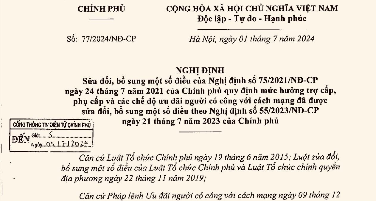 Nâng mức chuẩn trợ cấp ưu đãi người có công với cách mạng từ 2,055 triệu đồng lên 2,789 triệu đồng